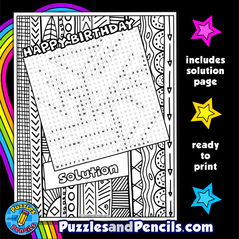 Happy birthday word search puzzle activity page with coloring wordsearch made by teachers