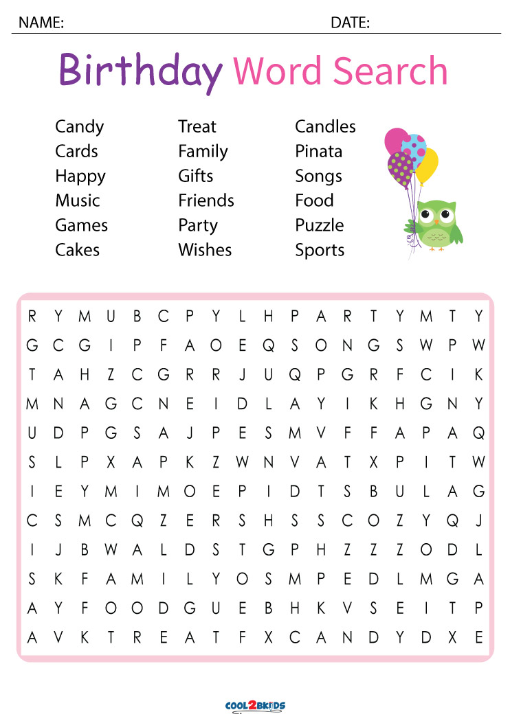 Printable birthday word search