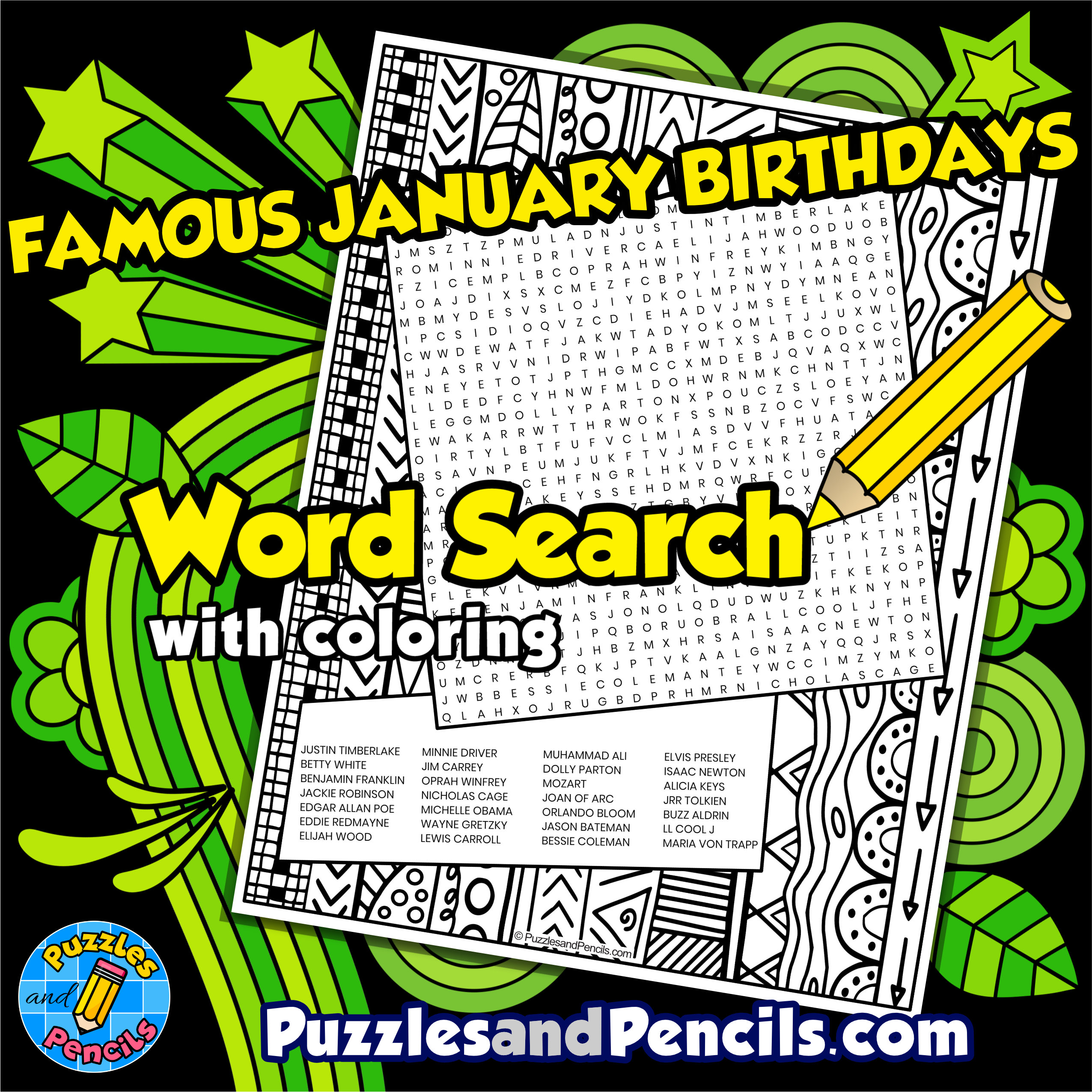 Famous january birthdays word search puzzle activity page with coloring made by teachers