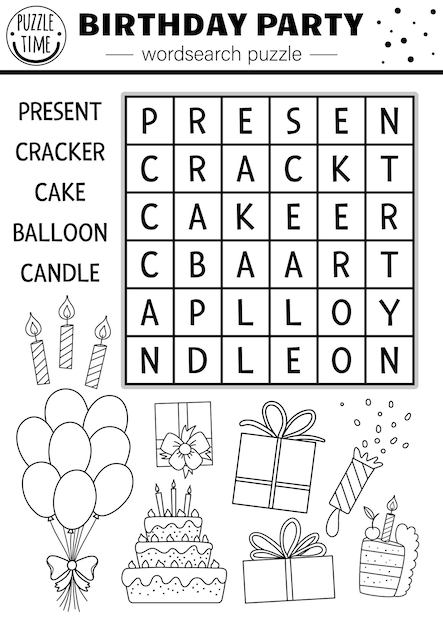 Premium vector vector black and white birthday party wordsearch puzzle for kids simple holiday crossword with present cake balloon candle educational anniversary celebration keyword activityxa
