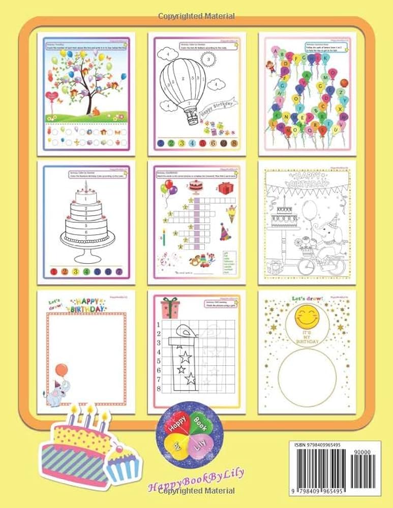 My happy birthday activity book for kids coloring pages mazes tracing dot to dot color by number grid drawing word search crossword spot find hidden alphabetnumbers and more lily happy