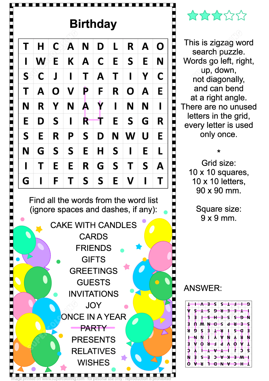 Birthday zigzag word search puzzle free printable puzzle games