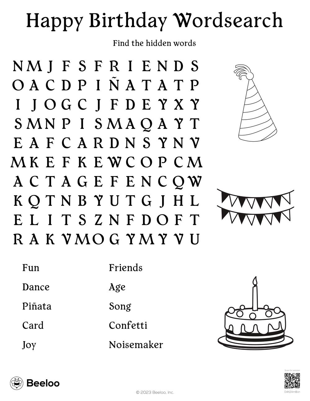 Happy birthday wordsearch â printable crafts and activities for kids