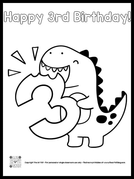 Happy rd birthday dinosaur coloring page free printable in bubble font â the art kit
