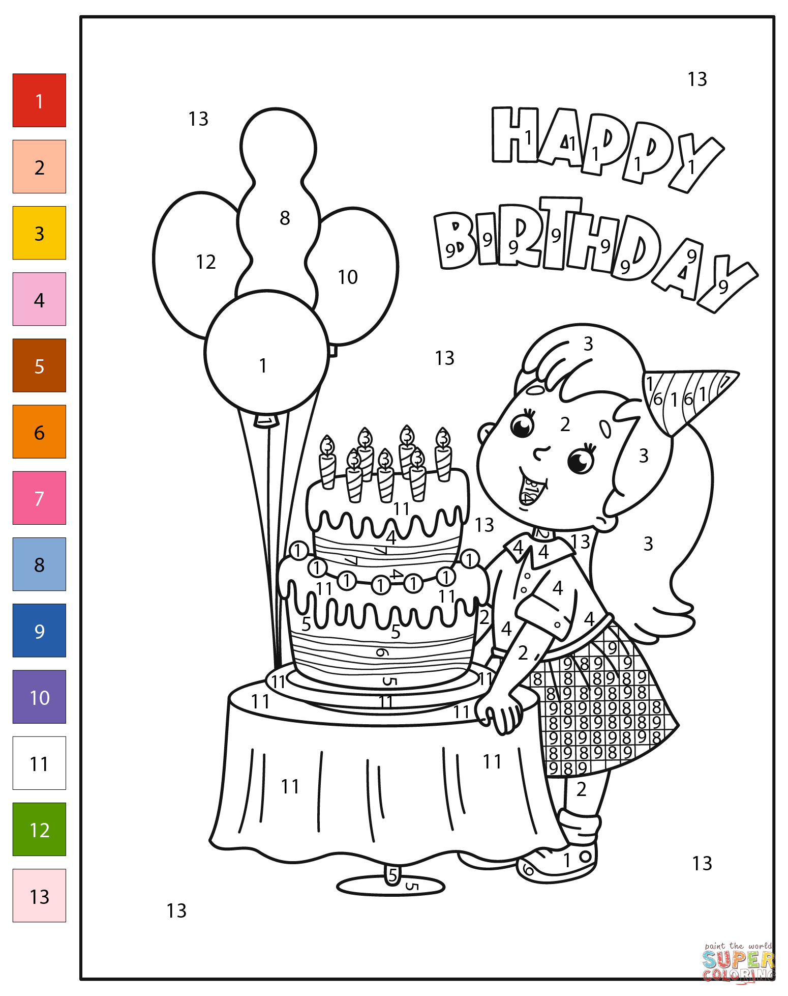 Happy birthday color by number free printable coloring pages