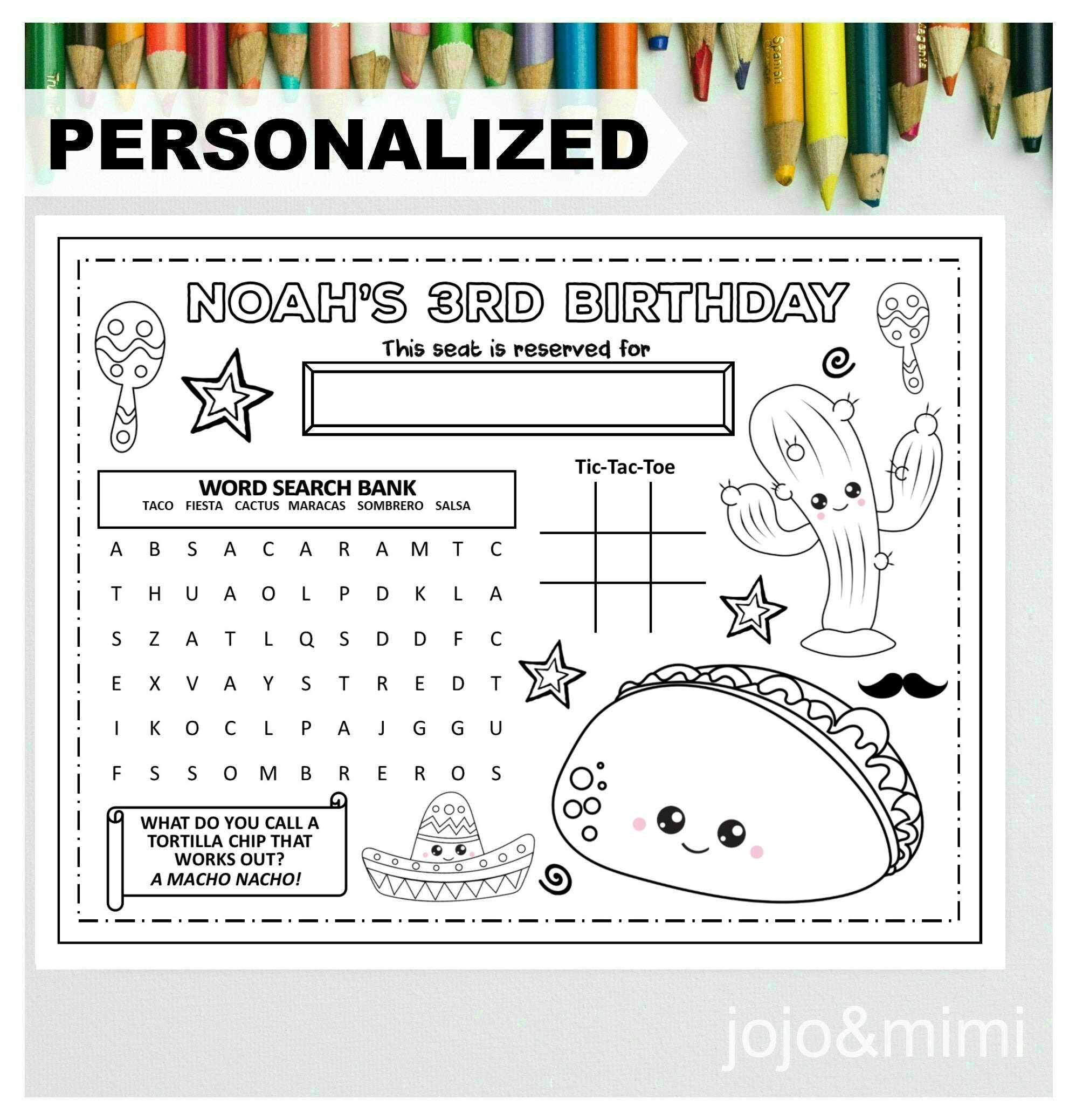 Personalized taco birthday printable placemat activity fiesta coloring page kids birthday party placemat first fiesta taco party