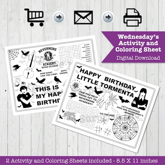 Printable birthday activity and coloring sheets addams family wednesday birthday party tv series inspired props instant download instant download