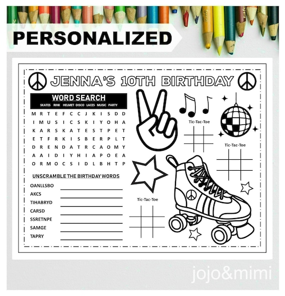 Personalized roller skate happy birthday printable placemat activity coloring page kids birthday party placemat disco ball peace