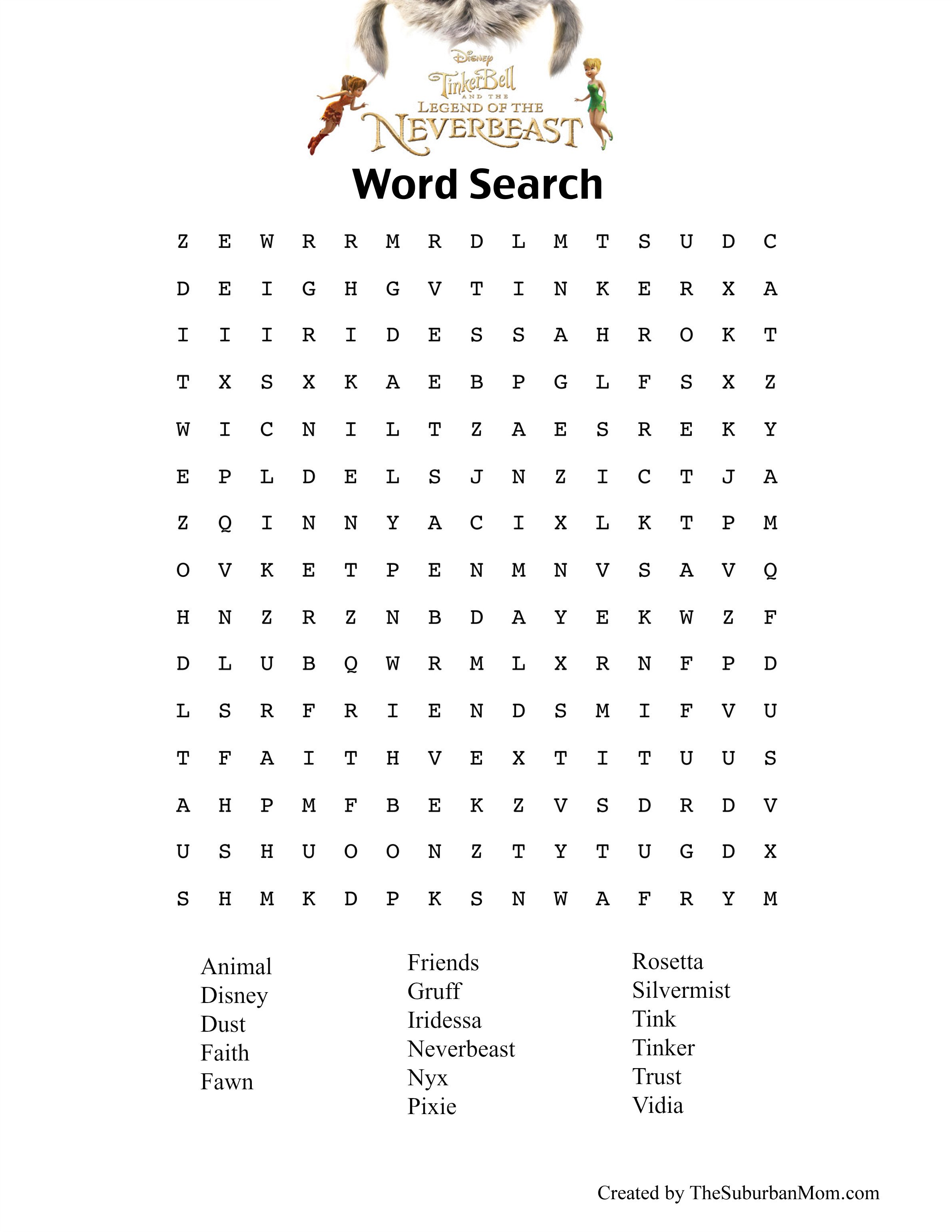 Tinkerbell word search and coloring pages