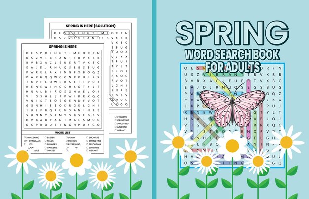 Premium vector spring word search puzzle cover for adults
