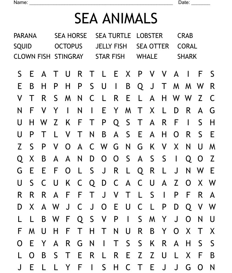 Sea animals word search
