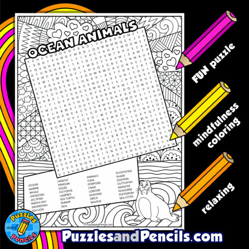 Ocean animals word search puzzle with coloring ocean habitat wordsearch made by teachers