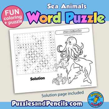 Sea animals activity page word search puzzle with coloring tpt