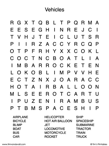 Large print word search â âvehiclesâ â tims printables