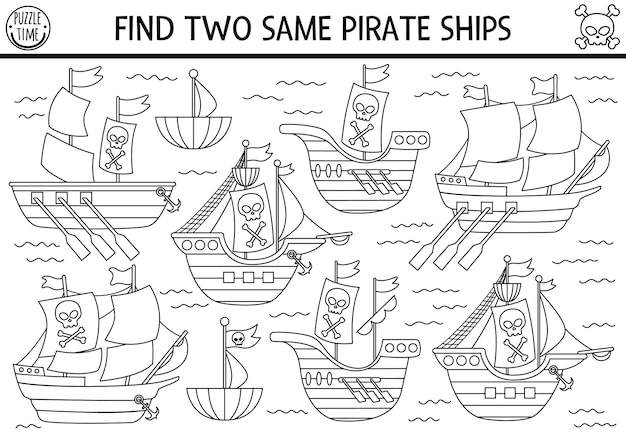 Premium vector black and white find two same pirate ships treasure island line matching activity for children sea adventures educational quiz worksheet or coloring page for kids with cute boatsxa