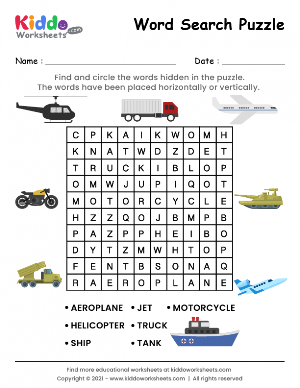 Free printable word search transportation worksheet