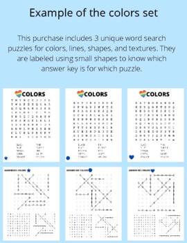 Art word search puzzles colors shapes lines textures tpt