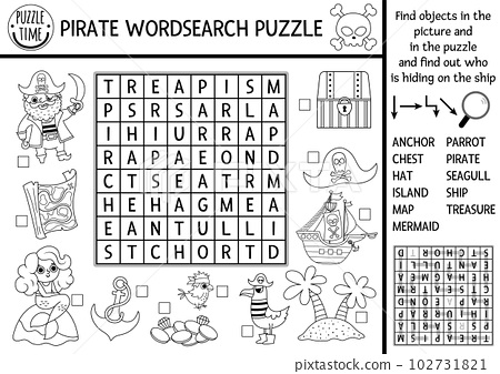 Black and white vector pirate word search
