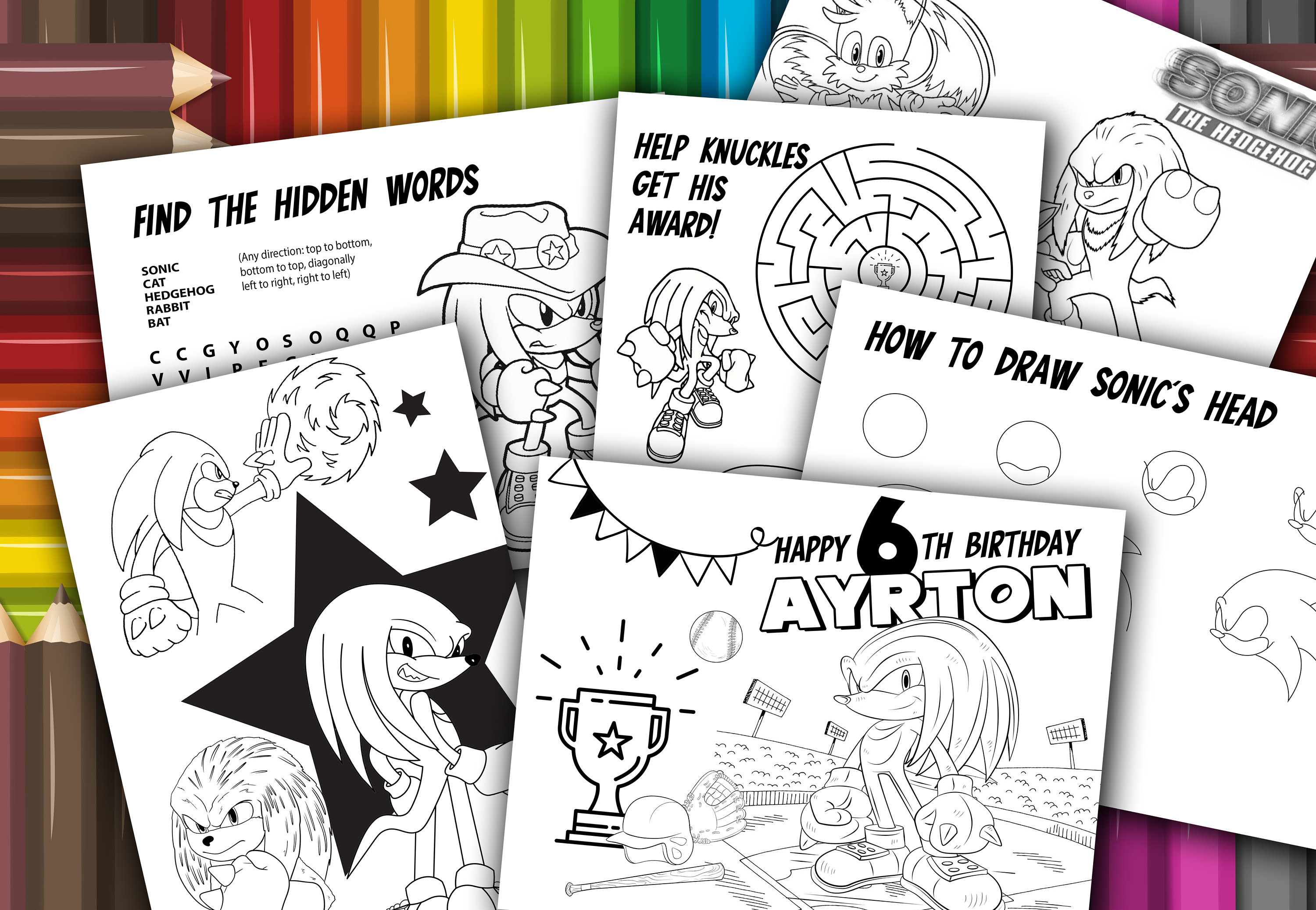 Personalized knuckles coloring pages sheets knuckles birthday activities hedgehog printable sonic party activity