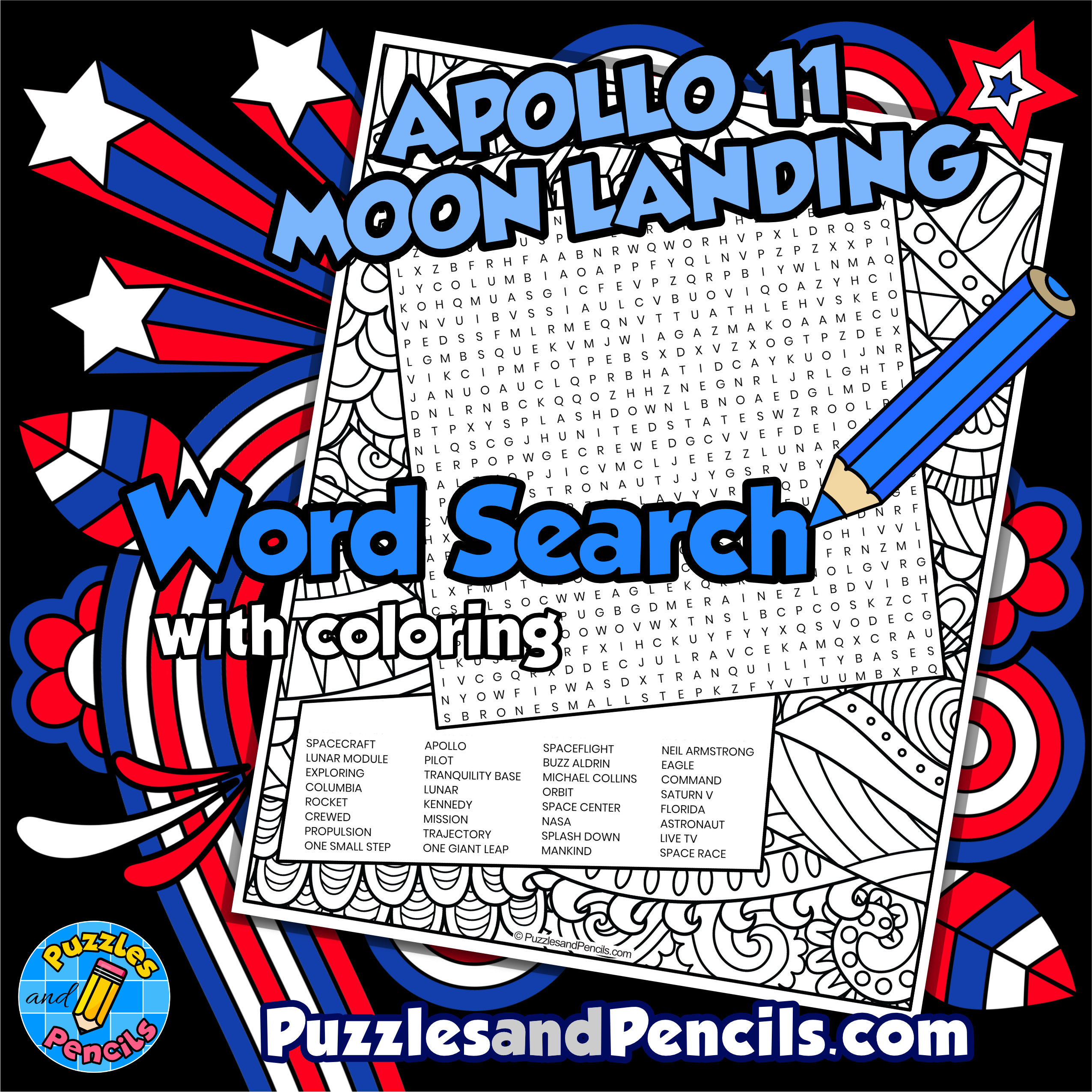 Apollo moon landing word search puzzle with coloring us history wordsearch made by teachers