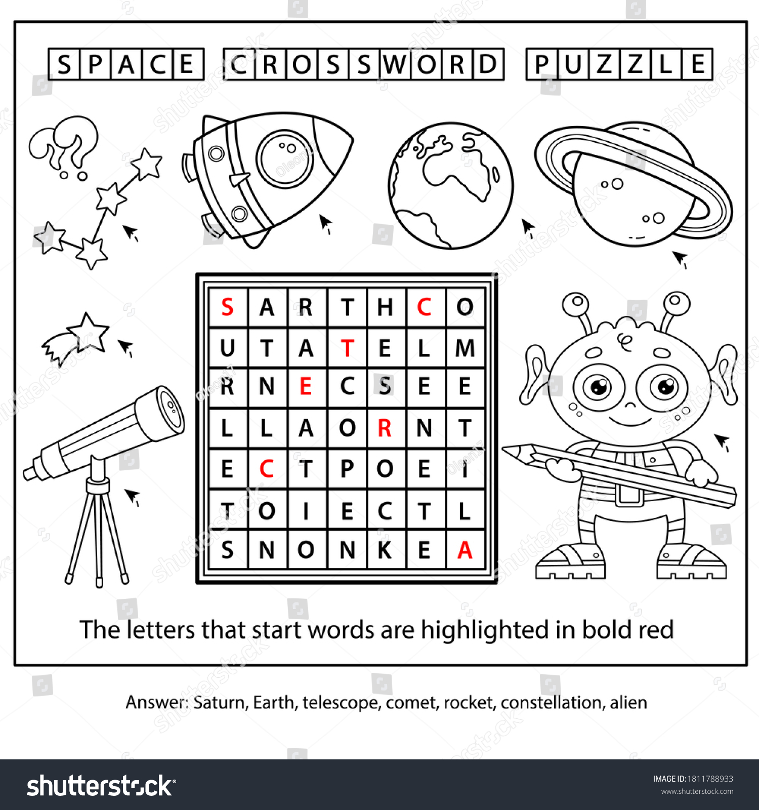 Space crossword puzzle alien telescope planets stock vector royalty free