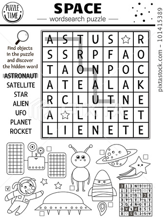 Vector black and white space wordsearch puzzle