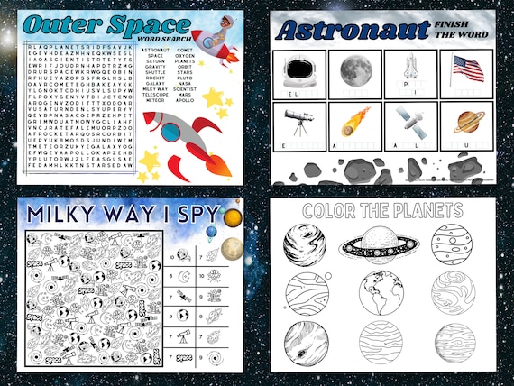 Outer space activity printable for kids astronaut printables planets word search space coloring pages birthday boy placemat