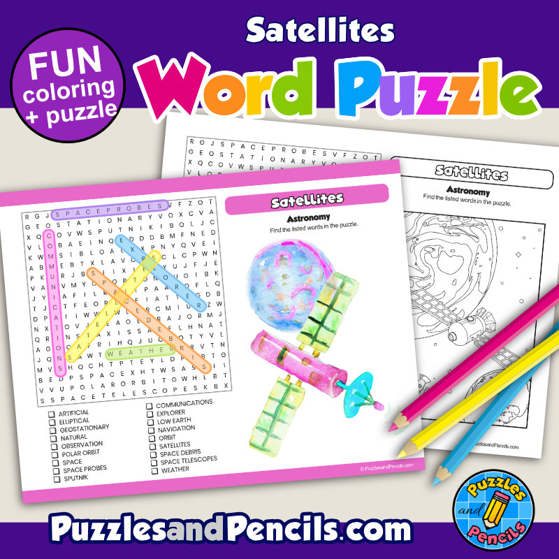 Satellites word search puzzle activity page astronomy wordsearch made by teachers