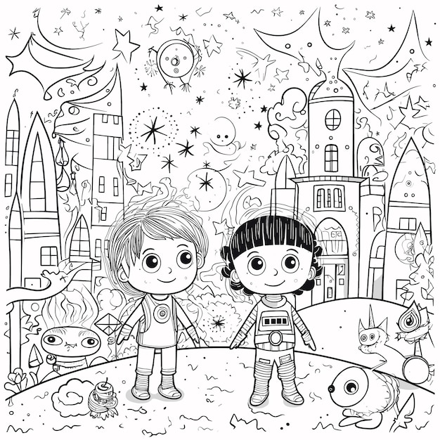 Premium vector vector kids coloring book page of cute astronaut in outer space exploration scene simple line art
