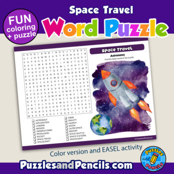 Space travel word search puzzle and coloring activity astronomy series