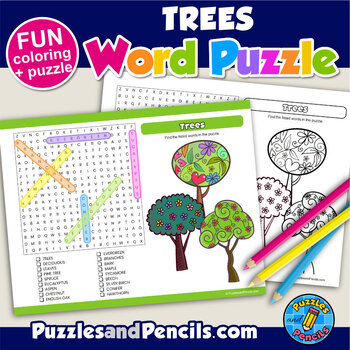 Trees word search puzzle activity and coloring nature wordsearch