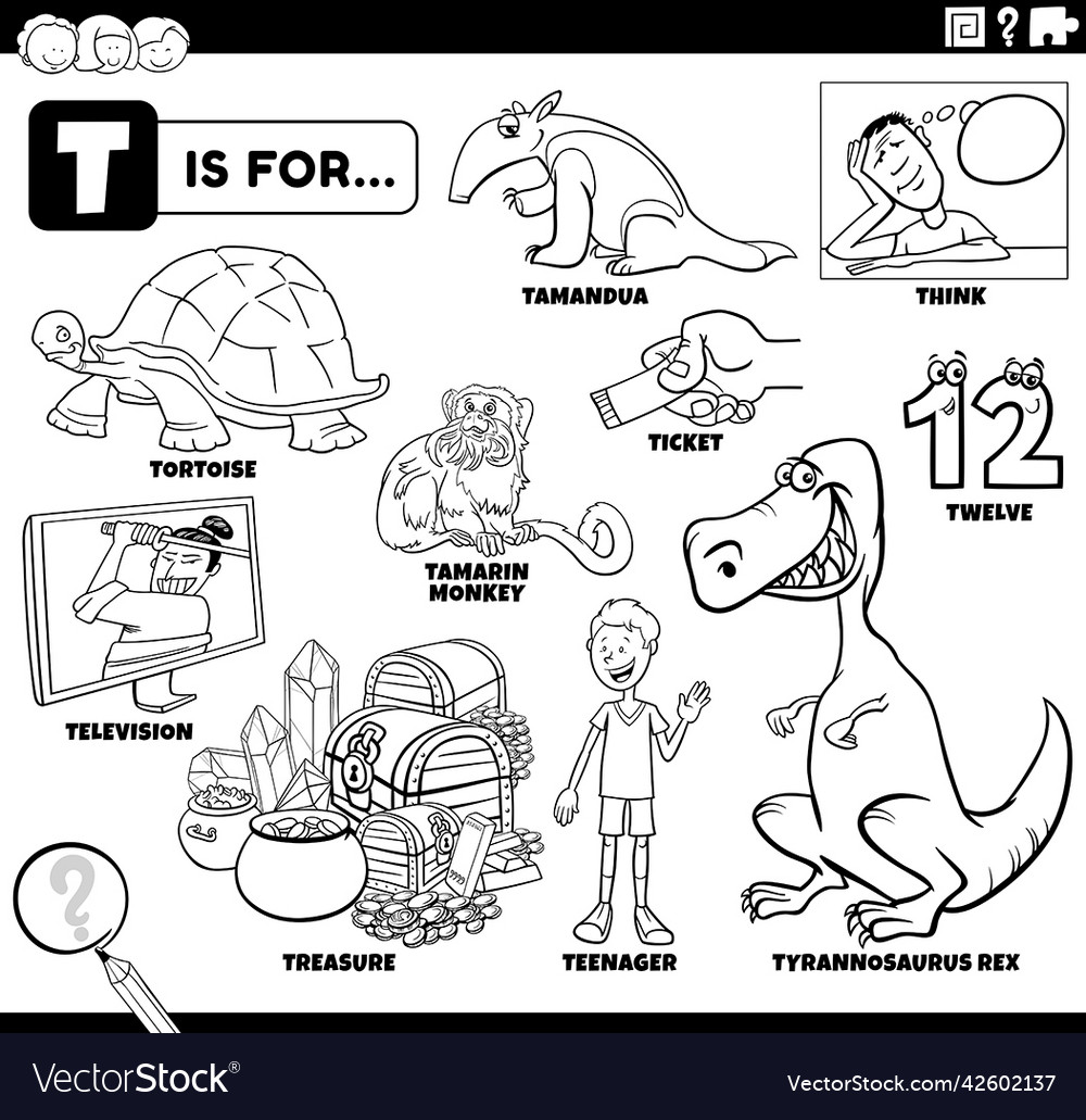 Letter t words educational set coloring book page vector image
