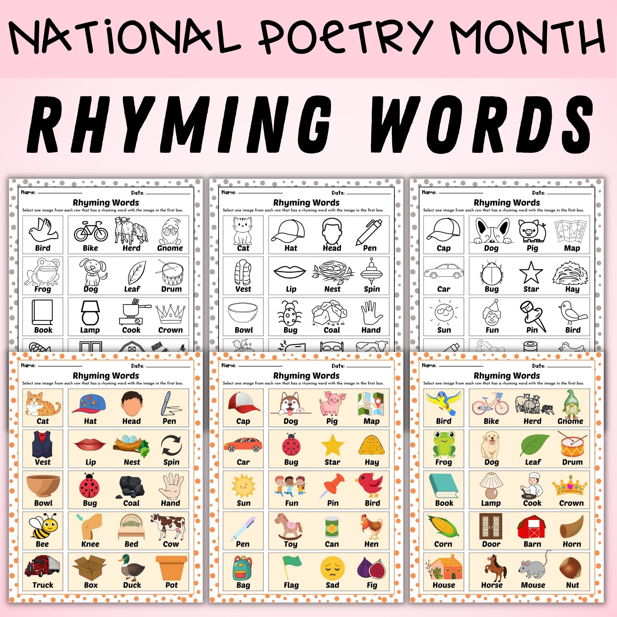 Rhyming words worksheets kindergartners national poetry month april activity made by teachers
