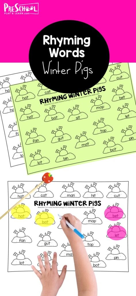 Free printable winter rhyming words worksheets