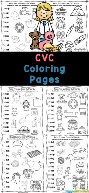 Free printable cvc words coloring pages worksheets