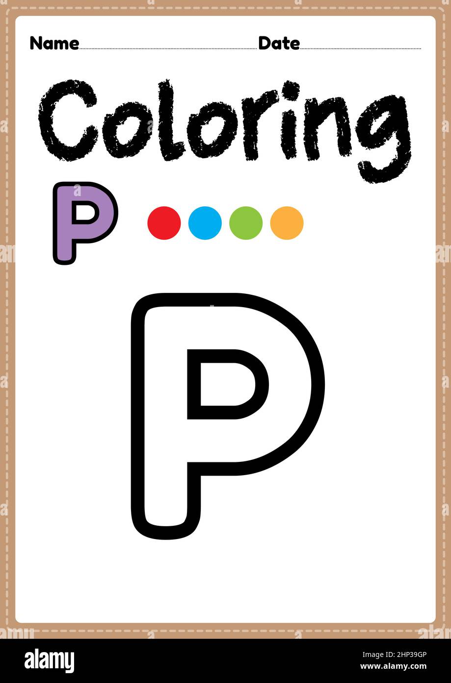 Letter p alphabet coloring page for preschool kindergarten montessori kids to learn and practice writing drawing and coloring activities to develo stock photo