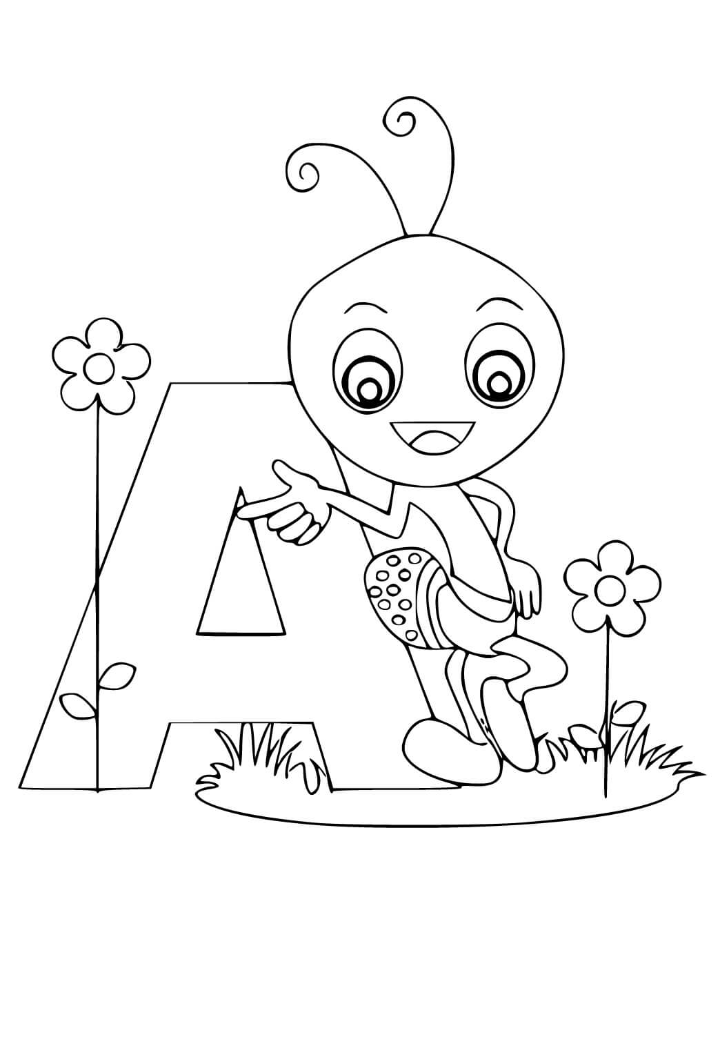 Letter a and cartoon ant coloring page