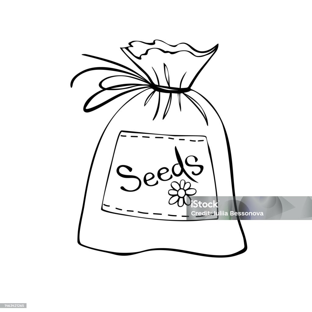 Burlap sack bag of seeds cute cartoon outline line art illustration gardening farming agriculture coloring book page activity worksheet for kids stock illustration