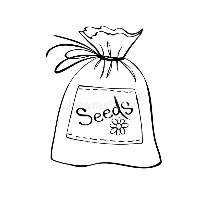 Burlap sack bag of seeds cute cartoon outline line art illustration gardening farming agriculture stock vector