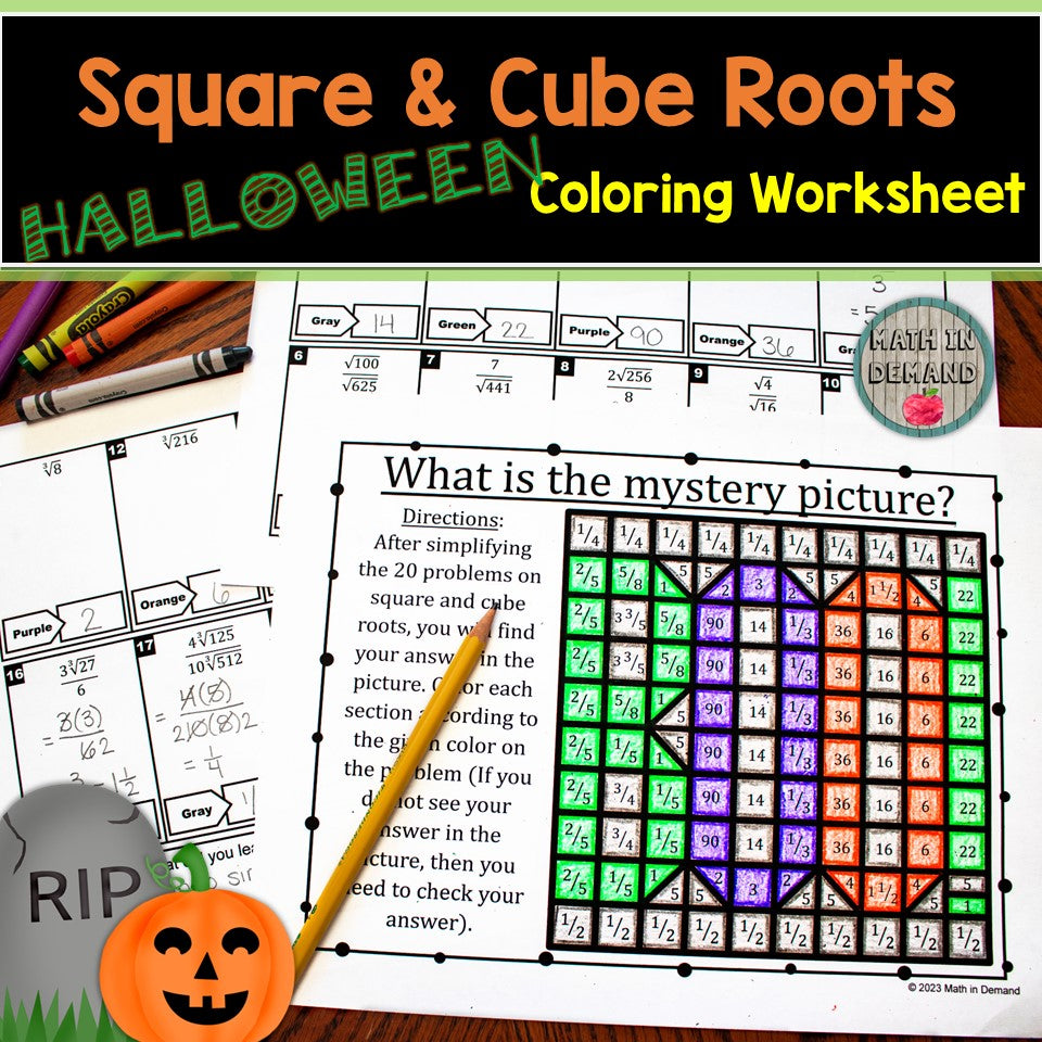 Simplifying square roots cube roots halloween coloring worksheet
