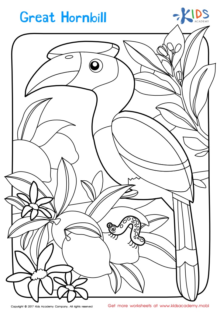 Great hornbill worksheet printable coloring page for kids