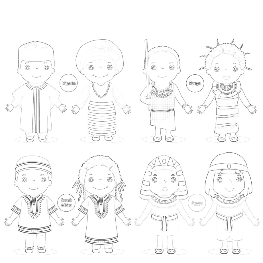 Printable kids in traditional costumes coloring page