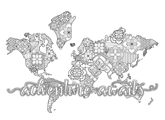 Coloring page digital download adventure awaits world map coloring page mandala coloring page download now