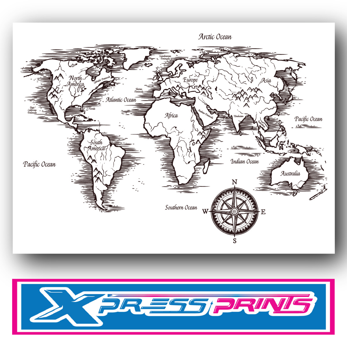 World map atlas geography black white poster print a a size buy get free