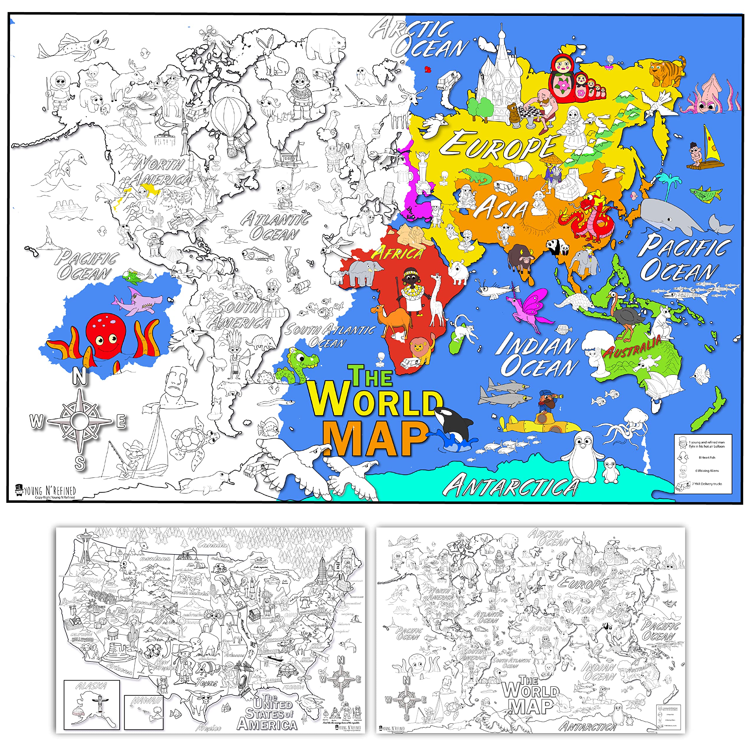 Large coloring page maps of usa and world poster activities for kids x young n refined office products