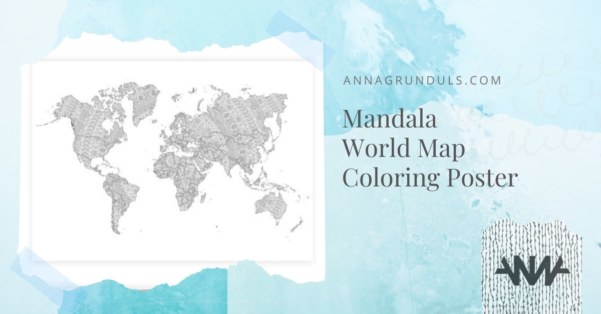 Large mandala world map coloring poster or travel map to color in with intricate aztec patterns