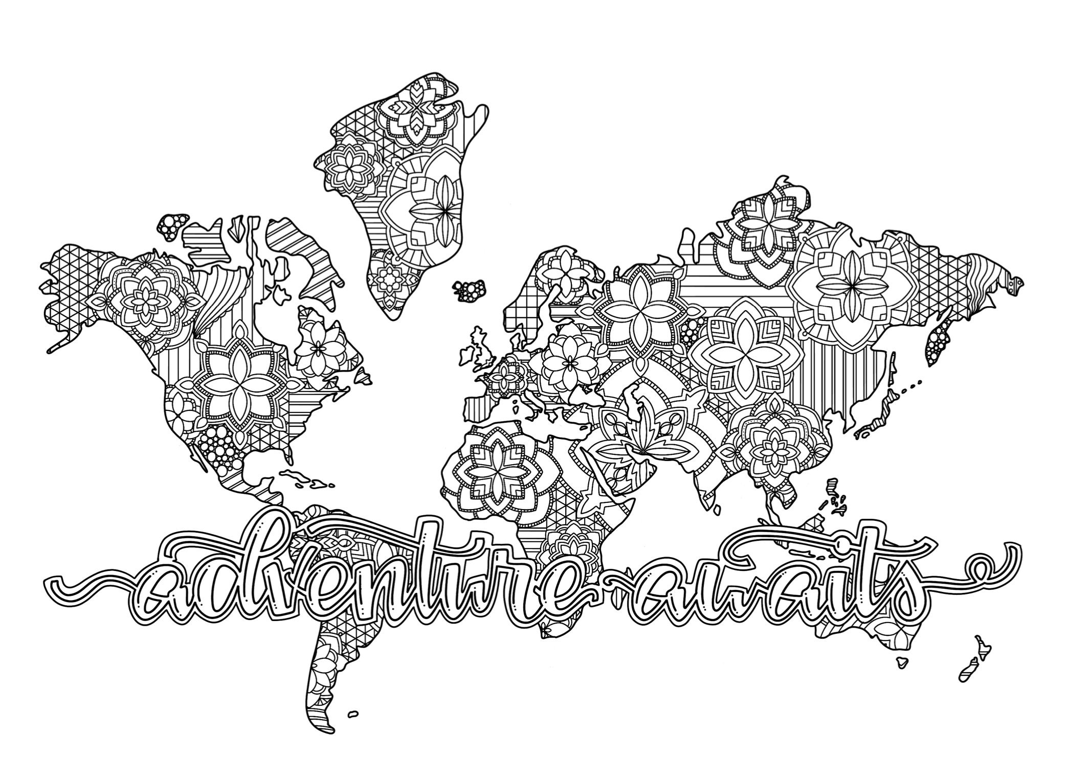 Coloring page digital download adventure awaits world map coloring page mandala coloring page download now