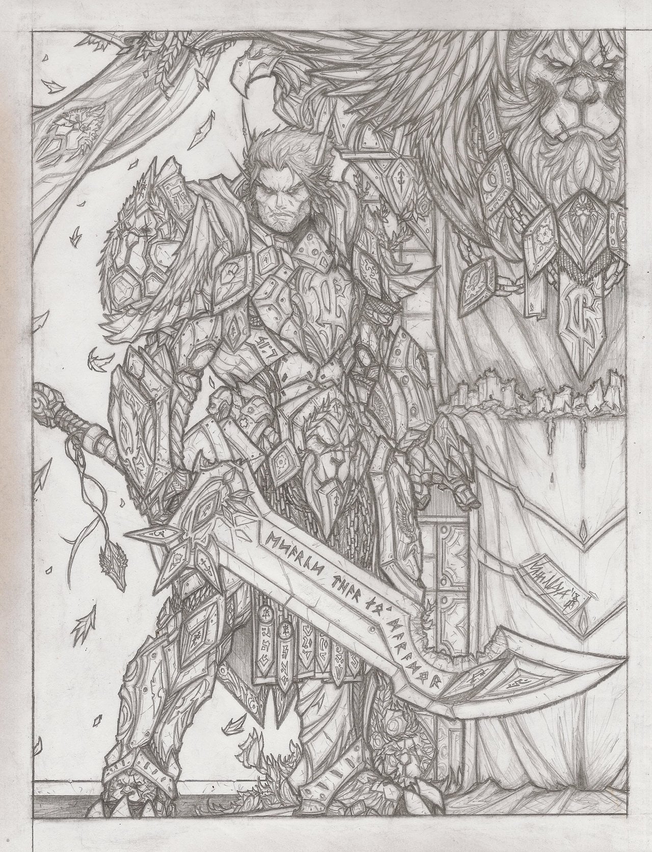 Oc fan art pencil drawing i did in of my blood elf paladin paying his respects to king varian wrynn at lions rest rwow