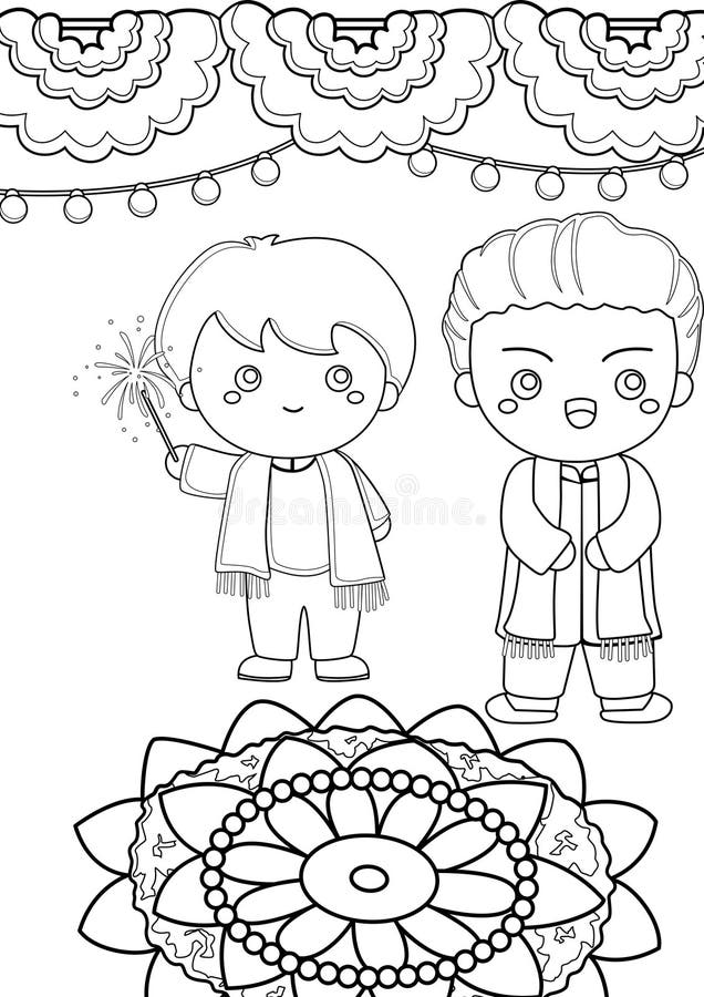 Diwali deepavali couple festival coloring pages a for kids and adult stock illustration