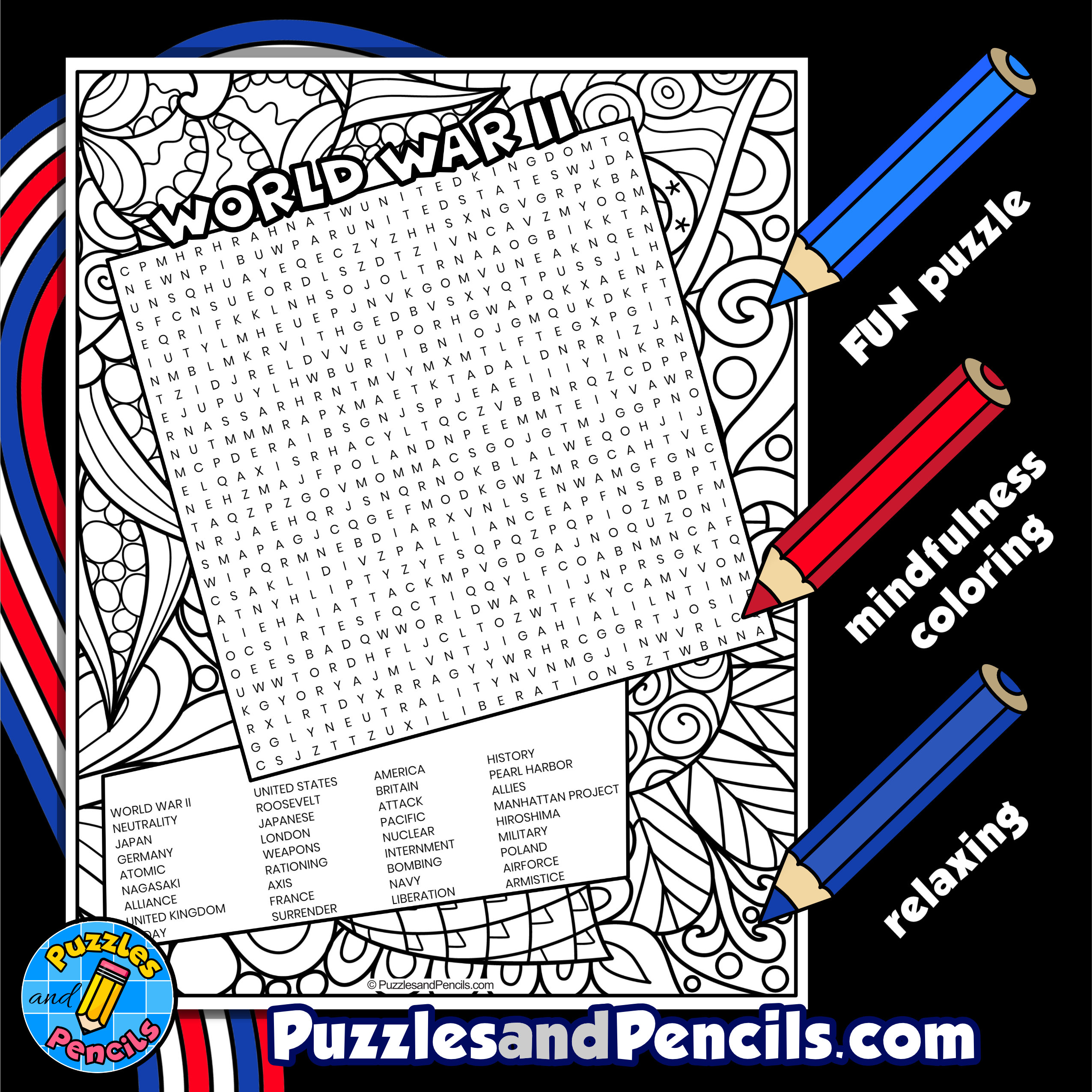 World war ii word search puzzle with coloring us history wordsearch made by teachers